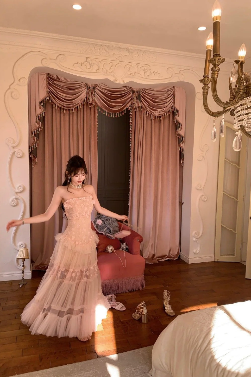 Pink long chiffon evening gown NV6745