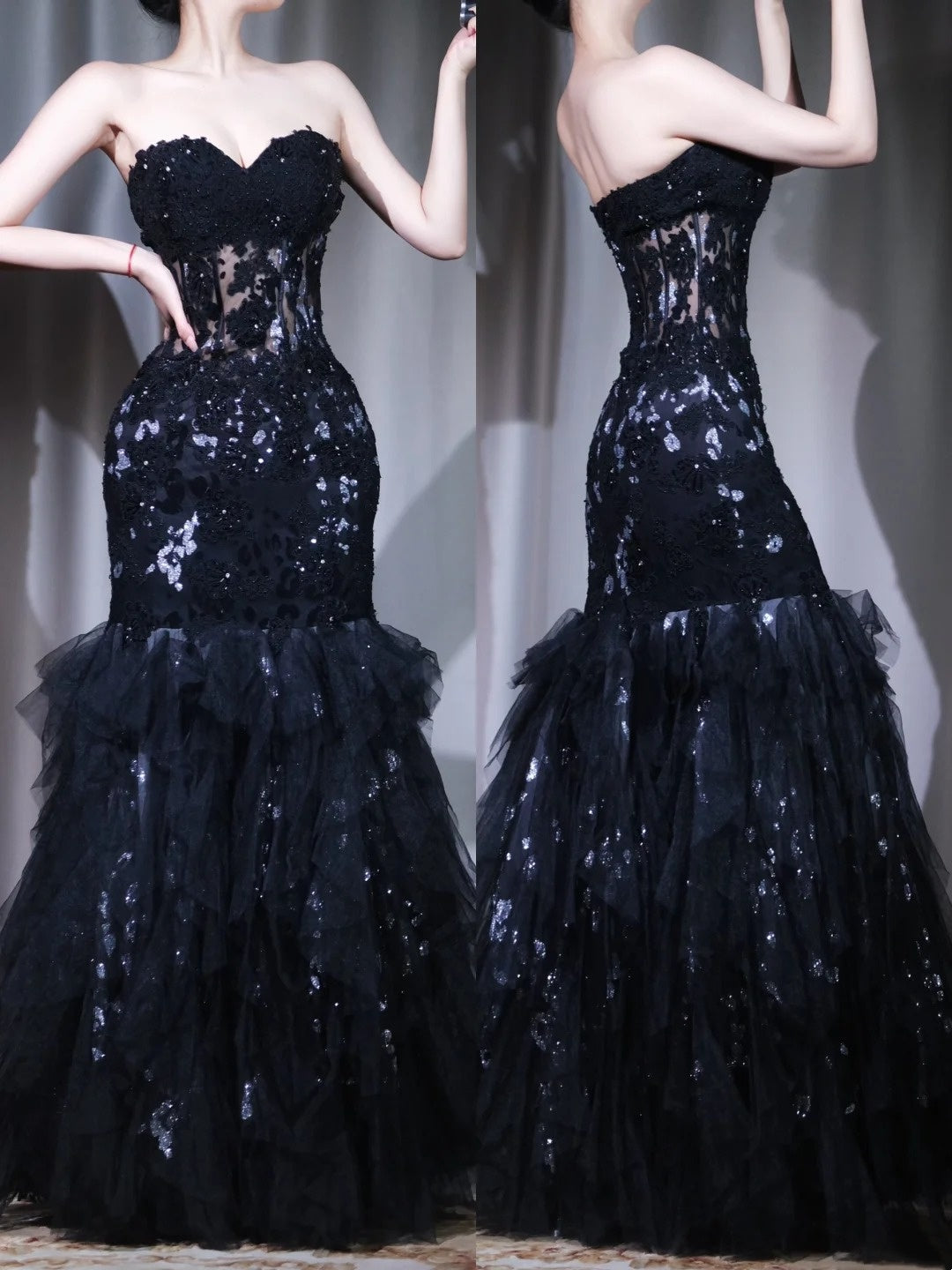 Black Tulle Glimmer - Strapless Sequin Mermaid Cocktail Dress, Layered Tulle Gala Gown NV6848