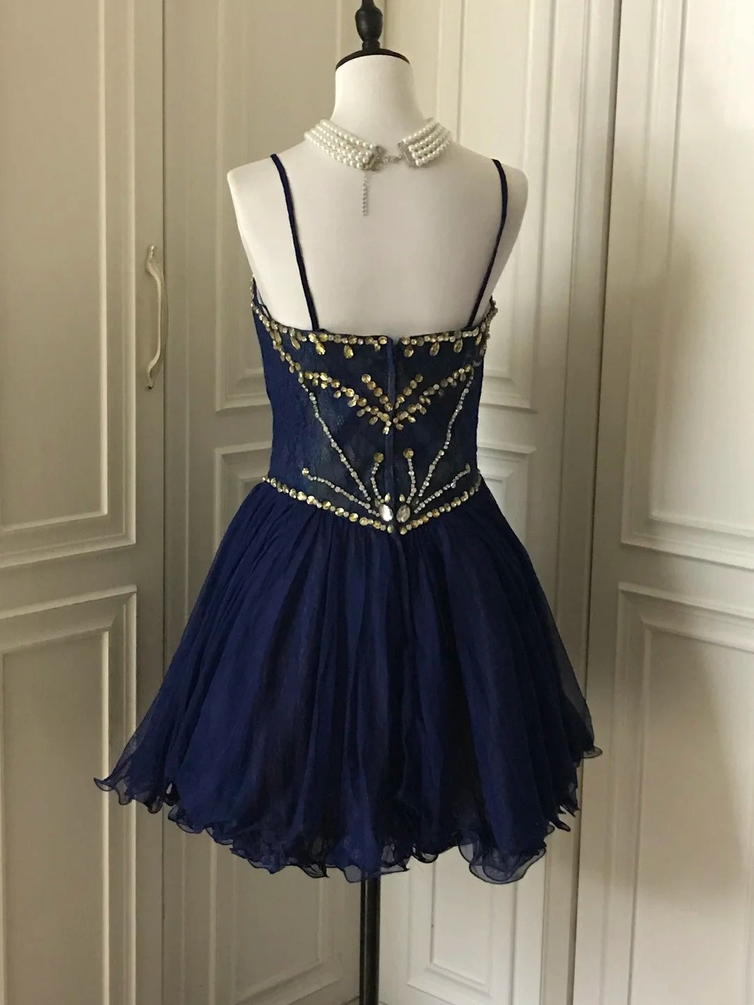 Navy Beaded Short Tulle Princess Homecoming Dress Birthday Party Dress nv4713