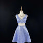 Explosive ice blue satin blue fine lace rhinestone belt short homecoming dress birthday dress nv4495