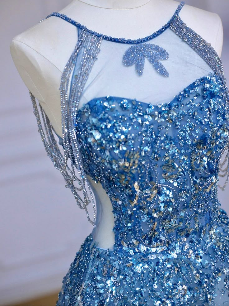 Blue luxurious beaded, sparkling, gorgeous wedding gown, beaded, sequined, floor-length princess ball gown nv5060