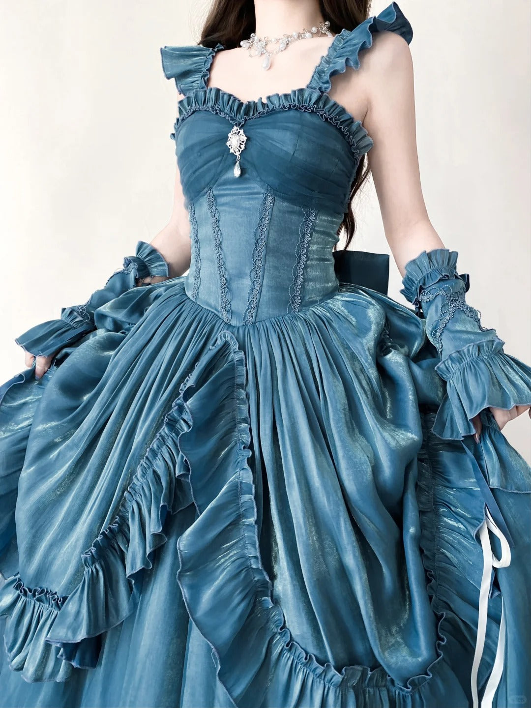 Light Blue Mysterious Vintage Fashion Elegant Long Satin Floor Length Ball Gown Evening Dress Party Dress nv4194