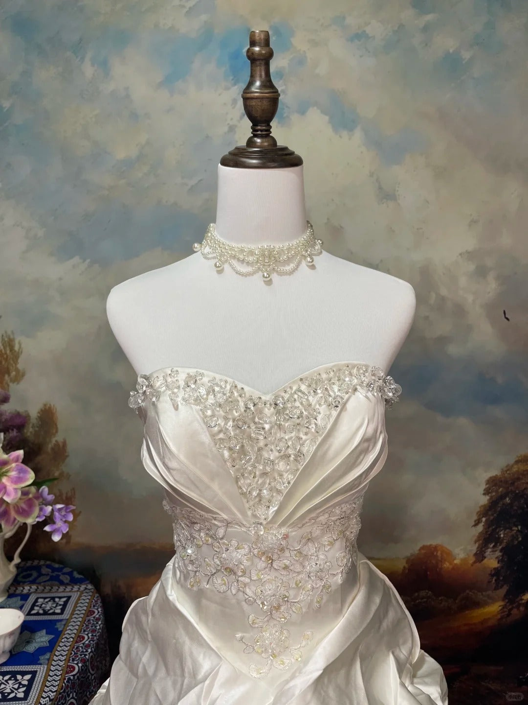 Ivory White Gorgeous Fashion Elegant Floral Exquisite Beading lace Long Satin Tulle Ball Gown Evening Gown Wedding Dress nv4063