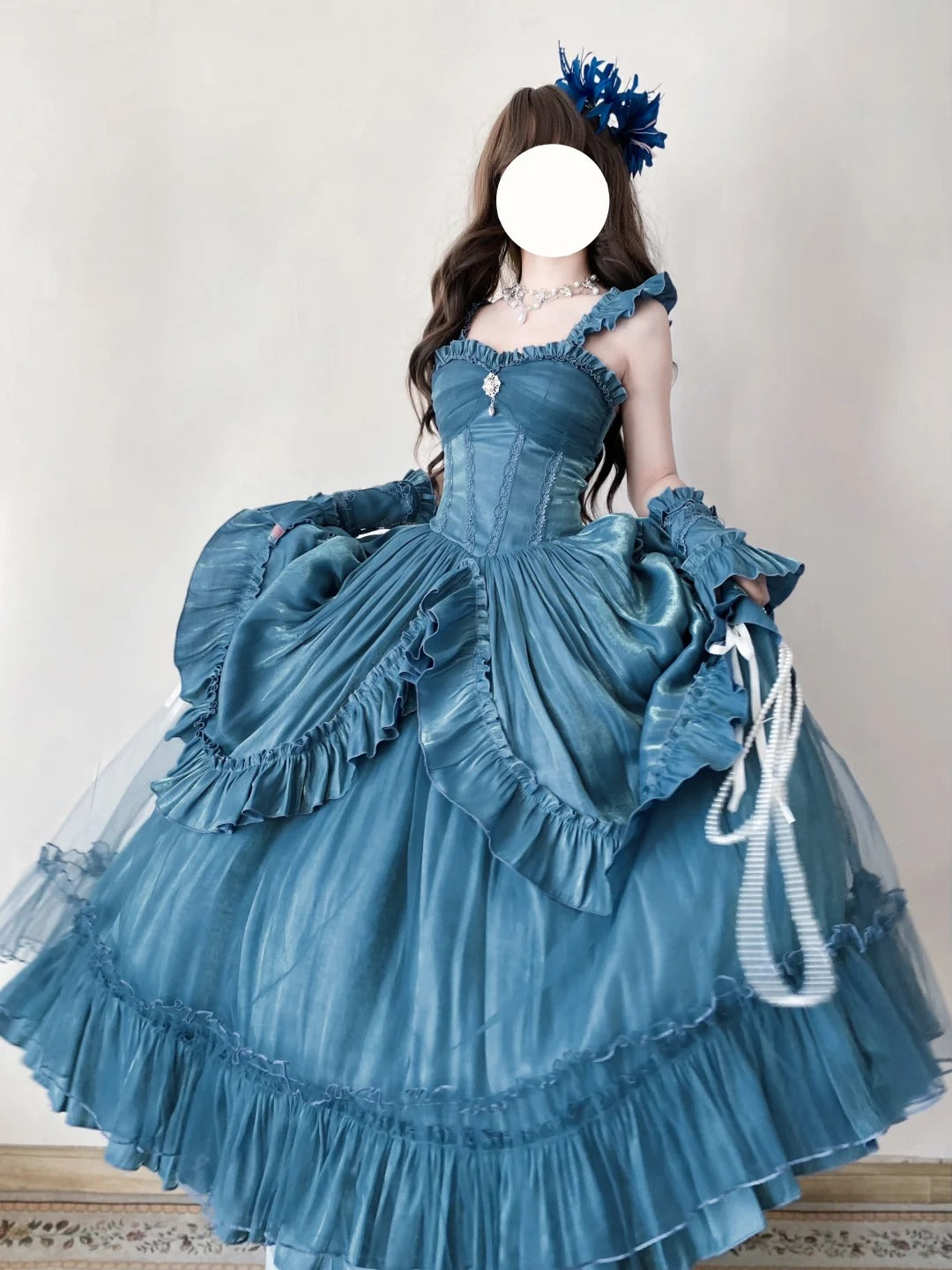 Light Blue Mysterious Vintage Fashion Elegant Long Satin Floor Length Ball Gown Evening Dress Party Dress nv4194