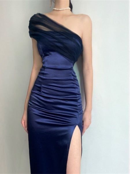 Blaues, modisches, einzigartiges, langes Abendkleid aus Tüll aus Satin, sexy, hochgeschlitzter, schmaler Midirock, Ballkleid, Abendkleid, Partykleid, nv3437