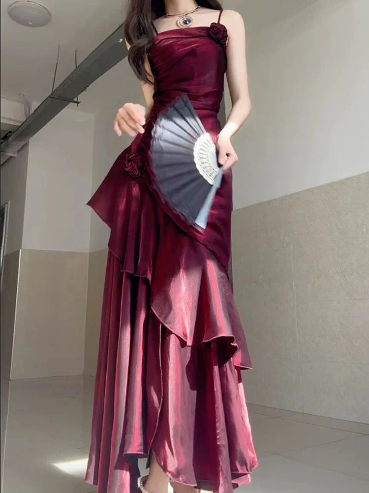 Burgundy Shiny Fashion Spaghetti Strap Long satin Ball Gown Evening Dress Party Dress nv3580