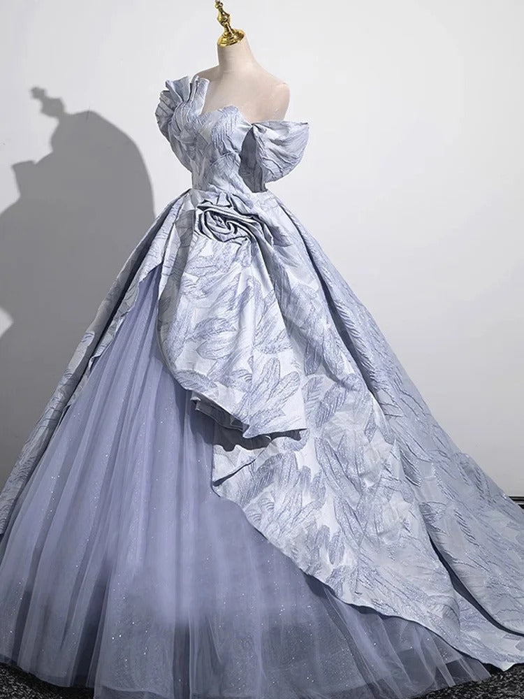 Blue Elegant Floral Long Satin Tulle Ball Gown Evening Gown Birthday Gown Wedding Dress nv4156