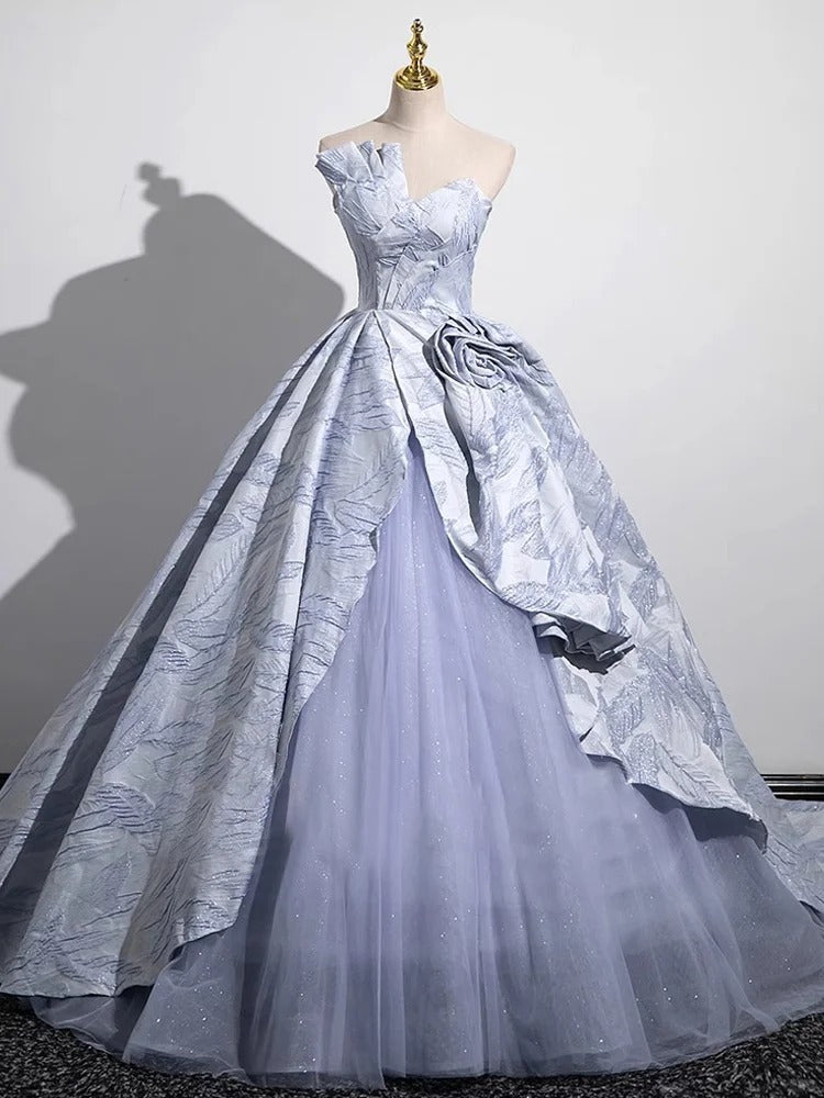 Blue Elegant Floral Long Satin Tulle Ball Gown Evening Gown Birthday Gown Wedding Dress nv4156