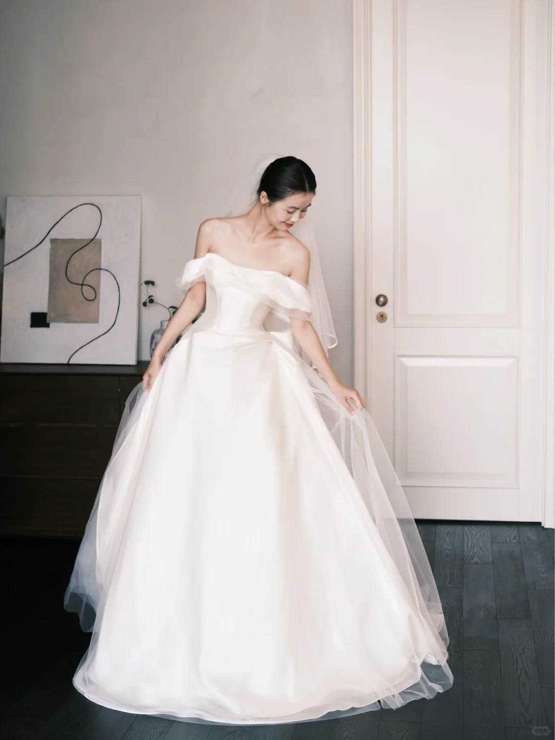 Off The Shoulder Satin Tulle Bridal Gown, Big Bow Ballgown Wedding Dress  NV7275