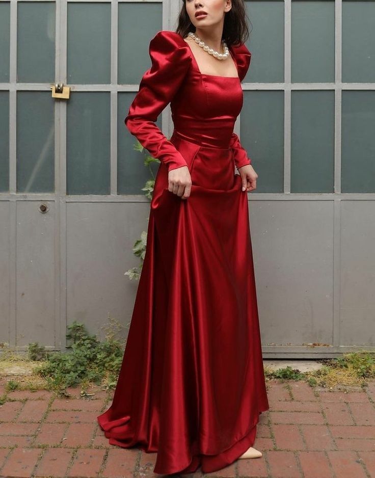 Robe de mariée longue rouge simple à col carré, élégante et charmante, à manches longues, robe de bal, robe de soirée nv2841