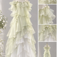 Light Mint Green Halter Off Shoulder Prom Dress, Tiered Ruffle Organza 3D Flower Long Evening Gown  NV7441