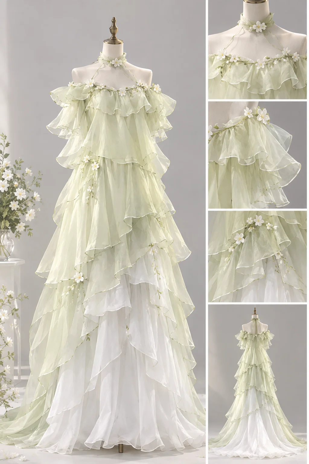 Light Mint Green Halter Off Shoulder Prom Dress, Tiered Ruffle Organza 3D Flower Long Evening Gown  NV7441