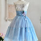 NiceVestidos--Blue Floral Delicate Lace Short/Mid-Length Tulle Homecoming Dress NV5668