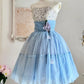 NiceVestidos--Blue Floral Delicate Lace Short/Mid-Length Tulle Homecoming Dress NV5668