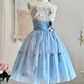 NiceVestidos--Blue Floral Delicate Lace Short/Mid-Length Tulle Homecoming Dress NV5668