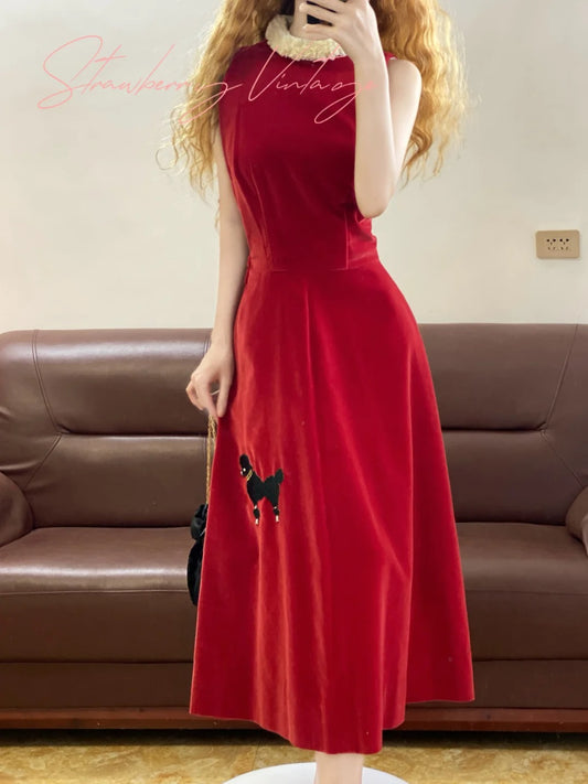 party dress birthday dress 1950s handmade vintage red velvet long dress with puppy decoration. nv5083