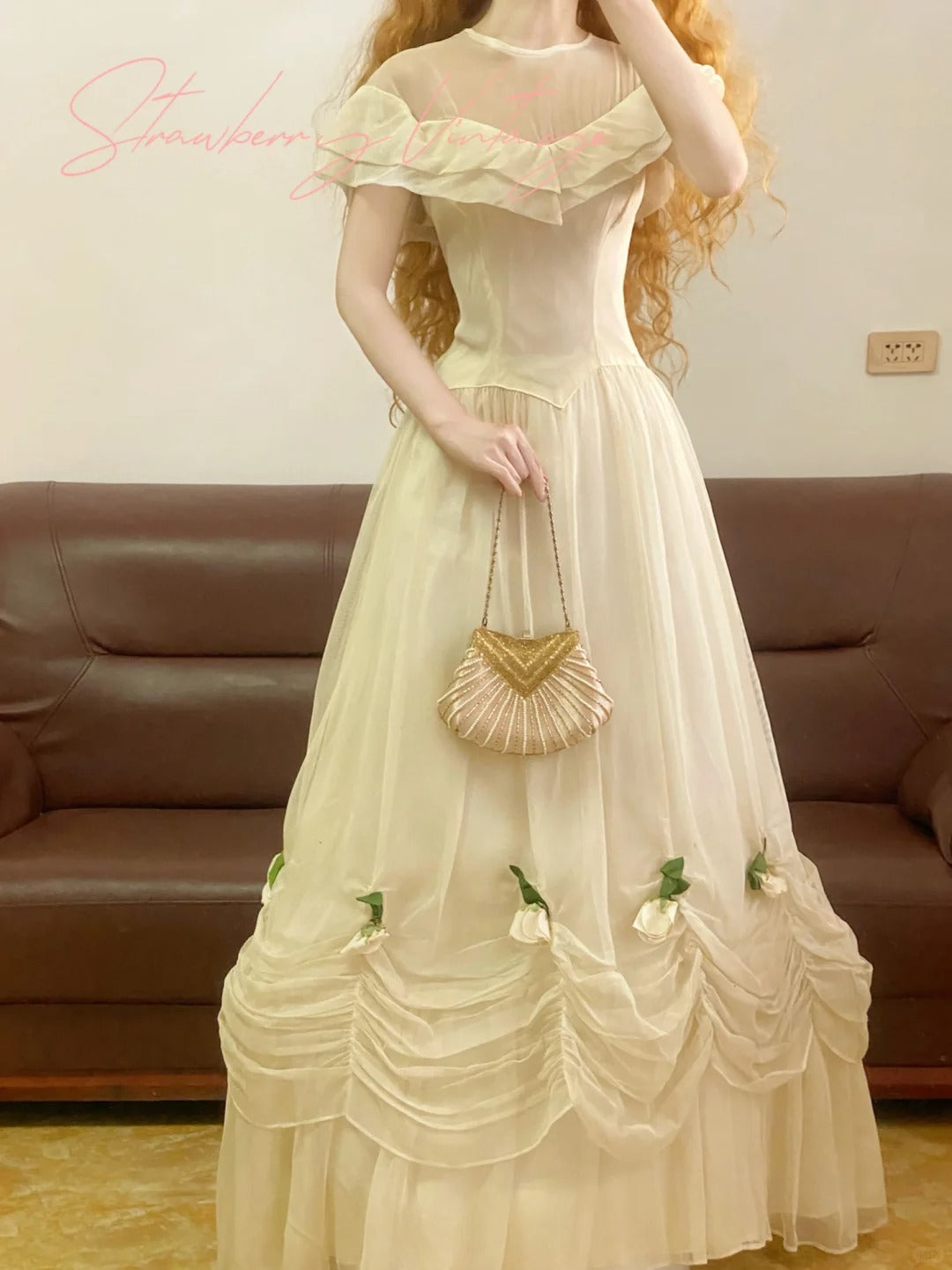 Weißes Vintage Elegantes Langes Tüllkleid mit Blumenmuster, nv5015