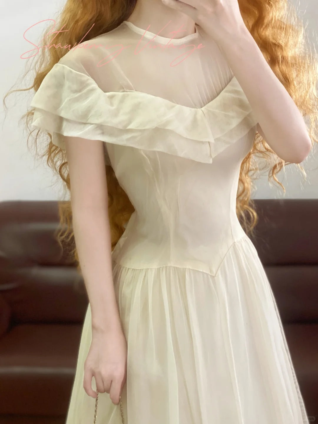 Weißes Vintage Elegantes Langes Tüllkleid mit Blumenmuster, nv5015