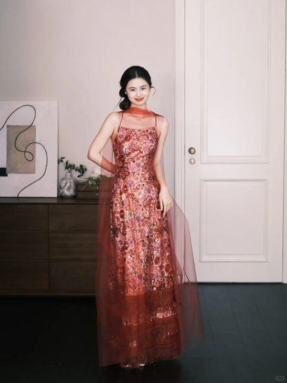 Floral Sequin Spaghetti Strap Evening Dress, Formal Gown with Red Tulle Cape  NV7322