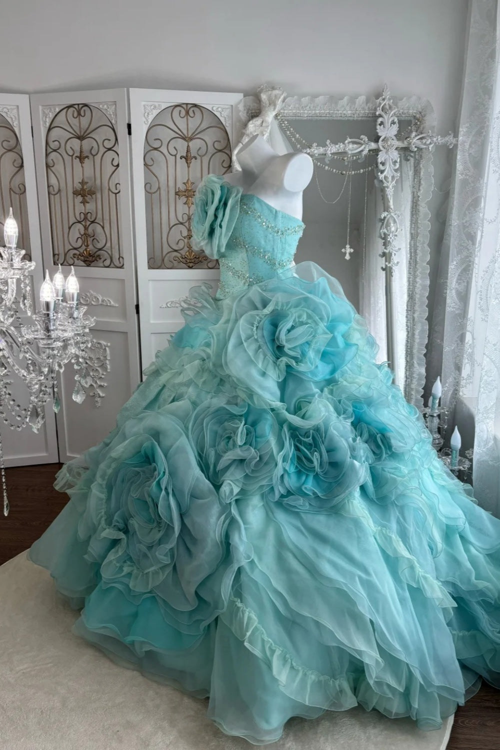 Mint Enchantment - Strapless Beaded 3D Floral Ball Gown, Layered Ruffle Train Evening Dress  NV6845
