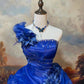 Blaues, exquisites, perlenbesetztes Satin-Ballkleid im Vintage-Stil, bodenlang, NV5156