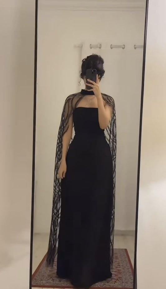 Black Glamorous Long Evening Gown With A Shawl, Nv2518