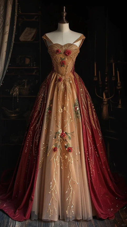 Floral Burgundy Gold Beading Shiny Elegant Long Tulle Ball Gown Evening Dress nv4917