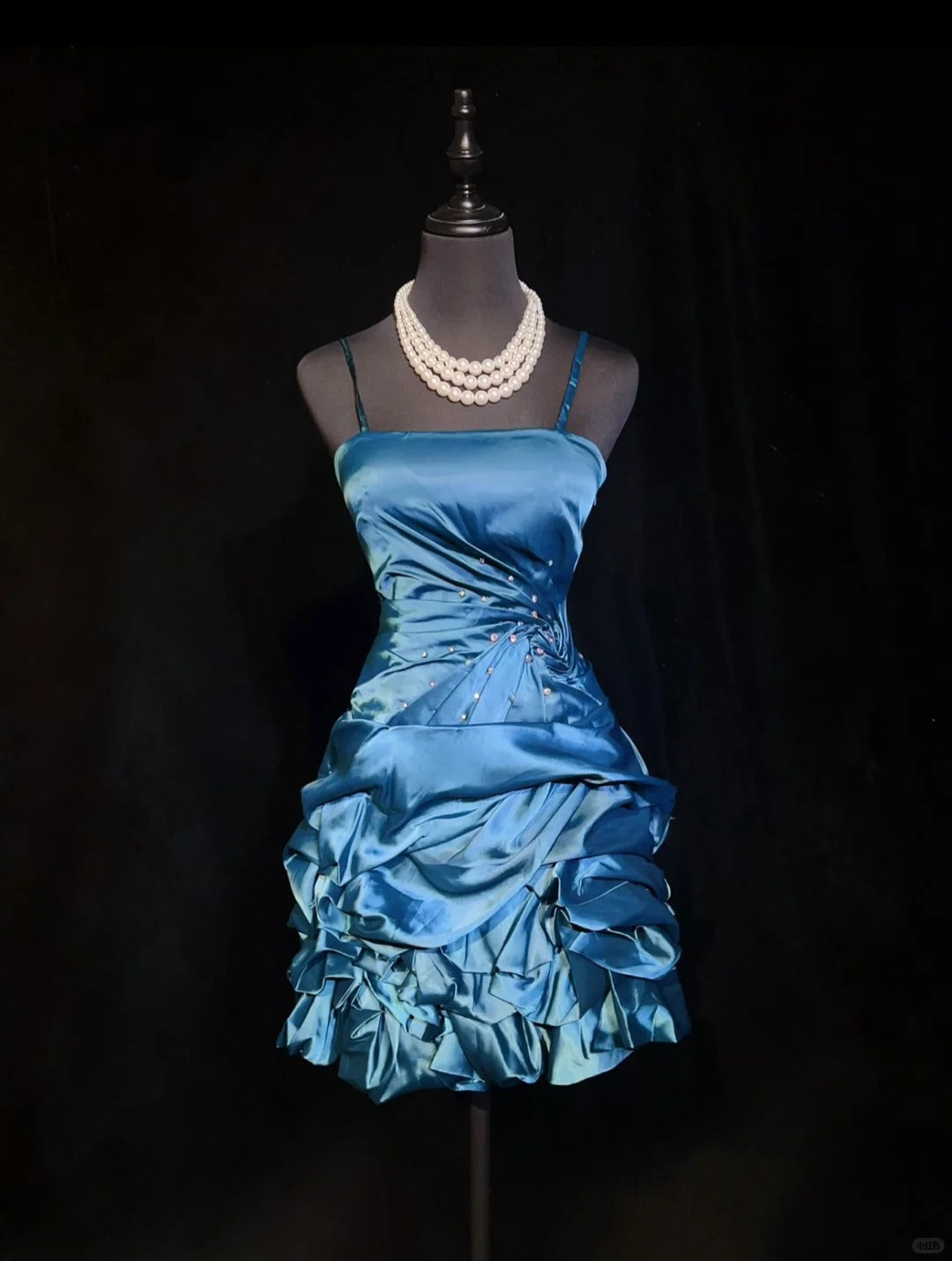 Blue Homecoming Dress Pleated Beaded Short Satin Ball Gown Evening Gown Cocktail Dress nv4416