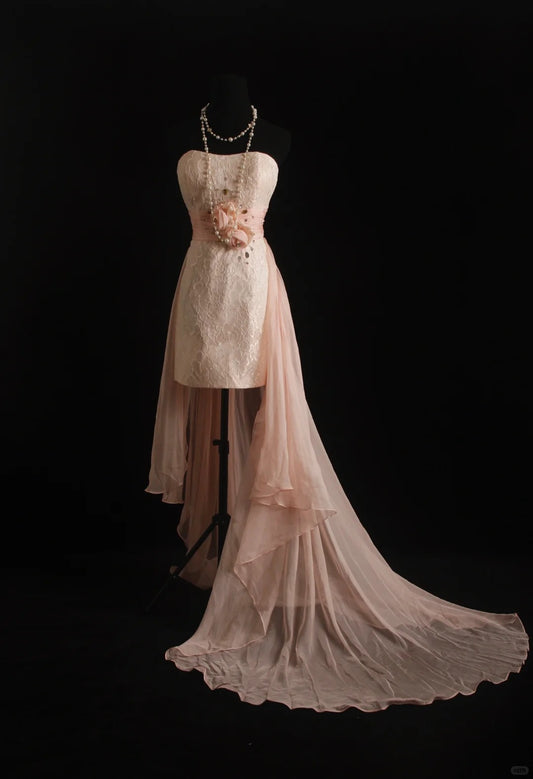 Rosa Spitzen-Tube-Top, vorne kurz, hinten lang, Ballkleid, Abendkleid, Homecoming-Kleid, Geburtstagskleid, NV4789