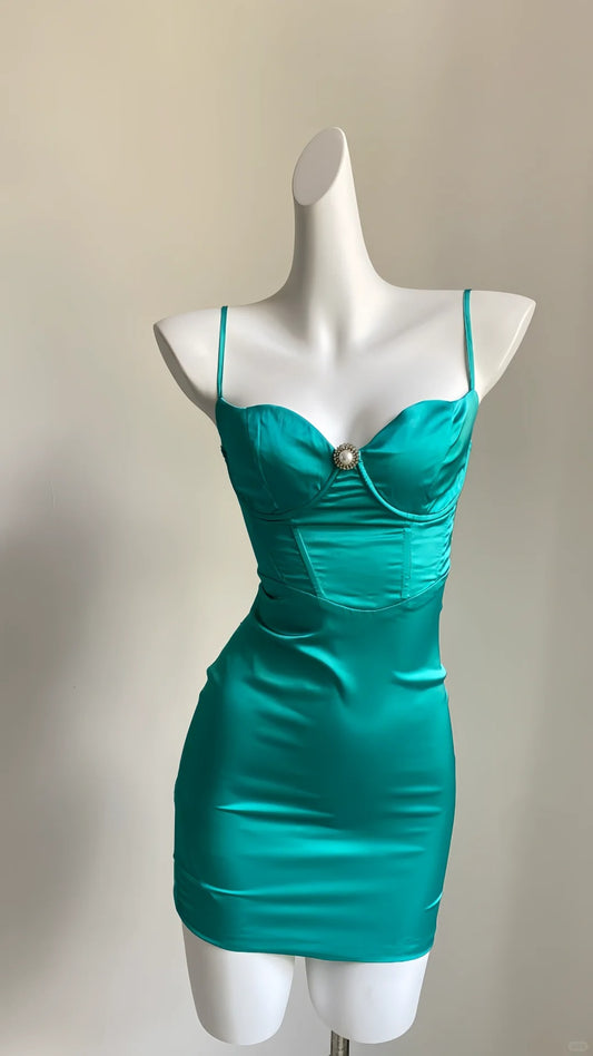 Mint Green Fashion Spaghetti Strap Short Satin Homecoming Dress Birthday Dress nv5160