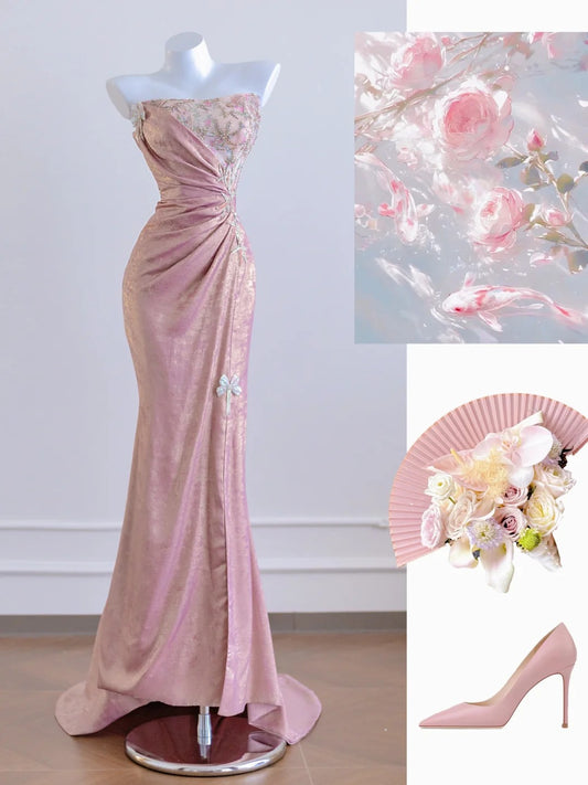 Rosa Mode exquisite Perlen lange Ballkleid Abendkleid Partykleid nv4726