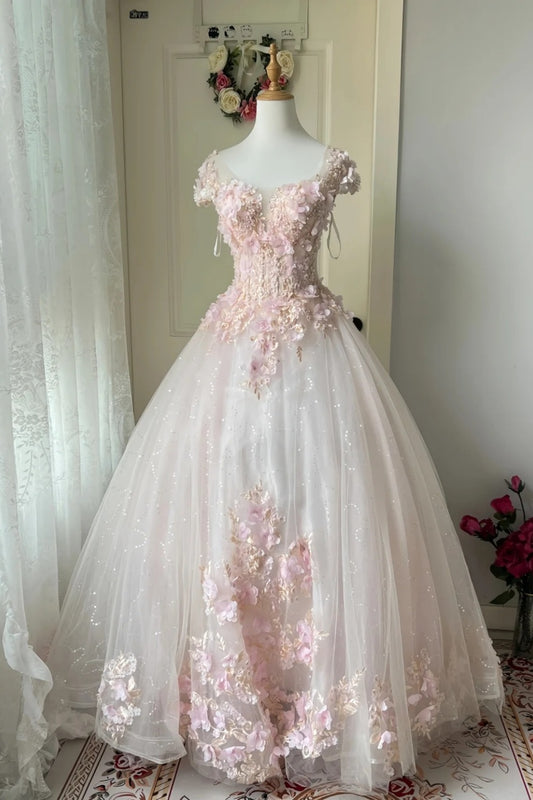 NiceVestidos--Sweet Bride Style：Soft Pink Lace Floral - Decorated Short - Sleeve Floor - Length Wedding Dress NV5813