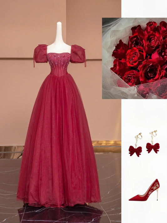 Red Vintage Exquisite Beaded Long Tulle Prom Dress Evening Dress Party Dress Ball gown nv4729