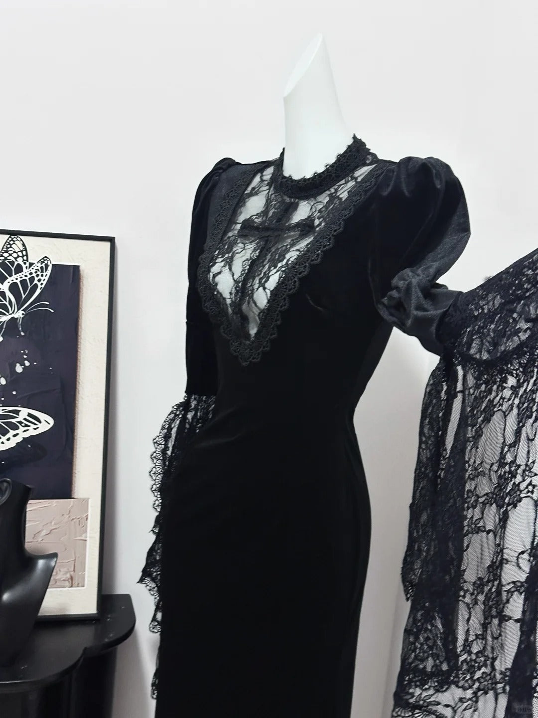 Black Vintage Elegant Delicate Lace Long Velvet Homecoming Dress Prom Dress Evening Dress Birthday Party Dress Prom Dress nv4049