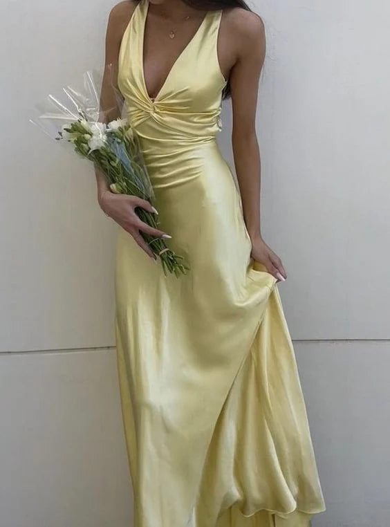 Yellow V-neck backless fashion elegant long satin ball gown evening dress wedding guest party dress nv2013