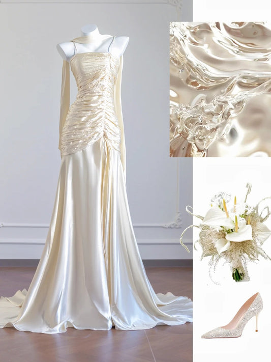 Gold Mode lange Satin Ballkleid Abendkleid Partykleid nv4723