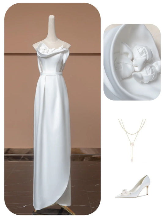 White Floral Fashion Elegant Long Satin Prom Dress Evening Dress Party Dress nv4735