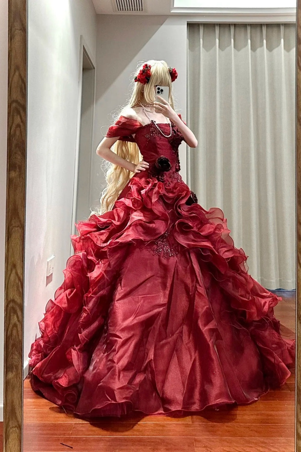 Red, delicately beaded, long tulle ball gown NV6662