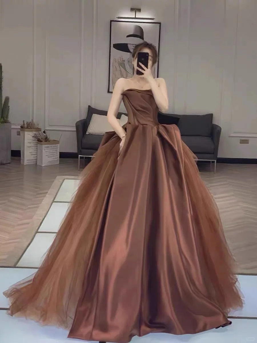 Caramel Color Simple Elegant Long Satin Tulle Ball Gown Evening Gown Birthday Gown Wedding Gown nv4157