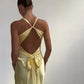 Yellow V-neck backless fashion elegant long satin ball gown evening dress wedding guest party dress nv2013
