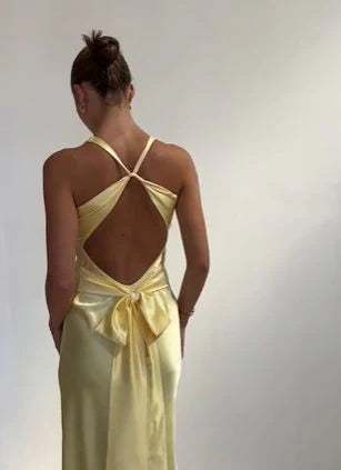 Yellow V-neck backless fashion elegant long satin ball gown evening dress wedding guest party dress nv2013