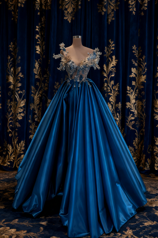 NiceVestidos-Royal Blue Satin Deep V-Neck 3D Beaded-Embellished Floor-Length Court-Style Gown NV6221