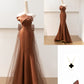 Brown Satin Elegant Long Mermaid Tulle Prom Dress Evening Dress Party Dress nv4752