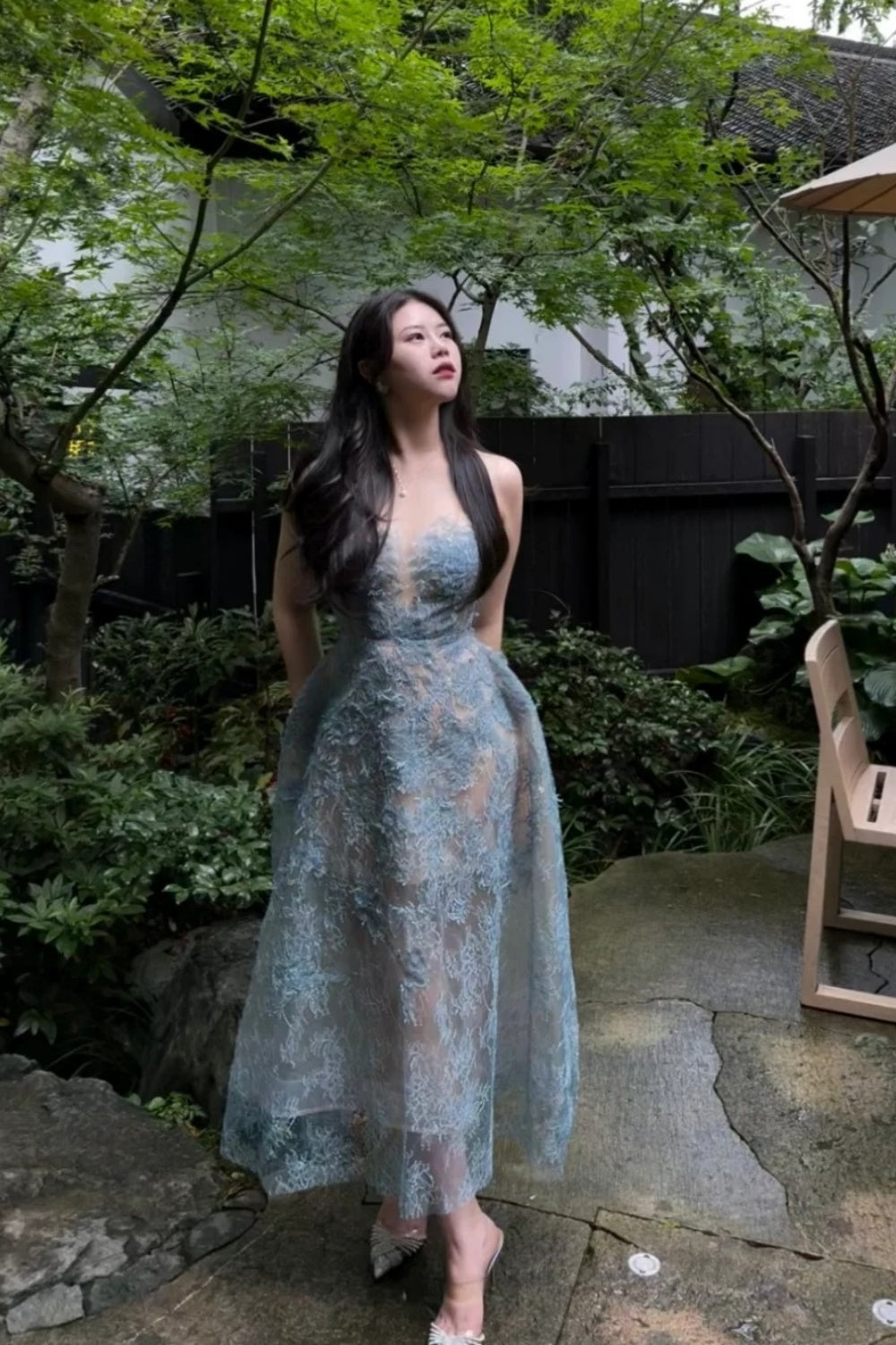 NiceVestidos--Short/medium-length tulle homecoming dress birthday dress blue delicate lace gentle fine sequins mesh elegant Cinderella blue princess dress #birthday outfit #fairydress #blue NV5669