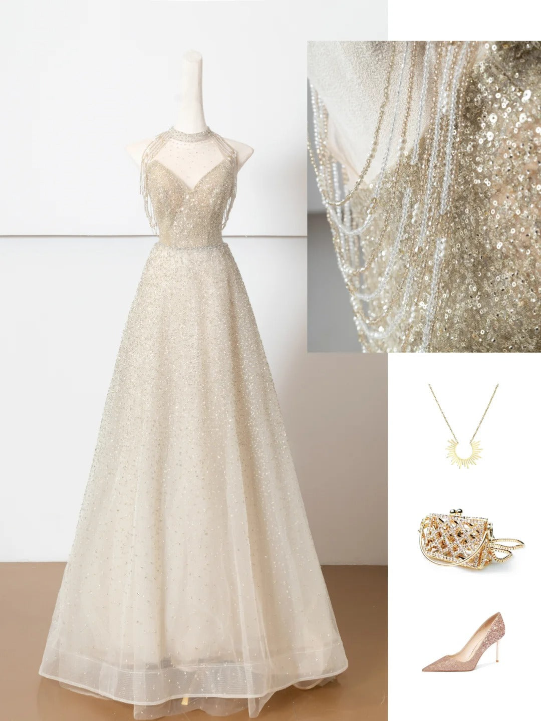 Robe de soirée longue en tulle, élégante et brillante, couleur champagne doré, robe de bal, robe de soirée, nv4753