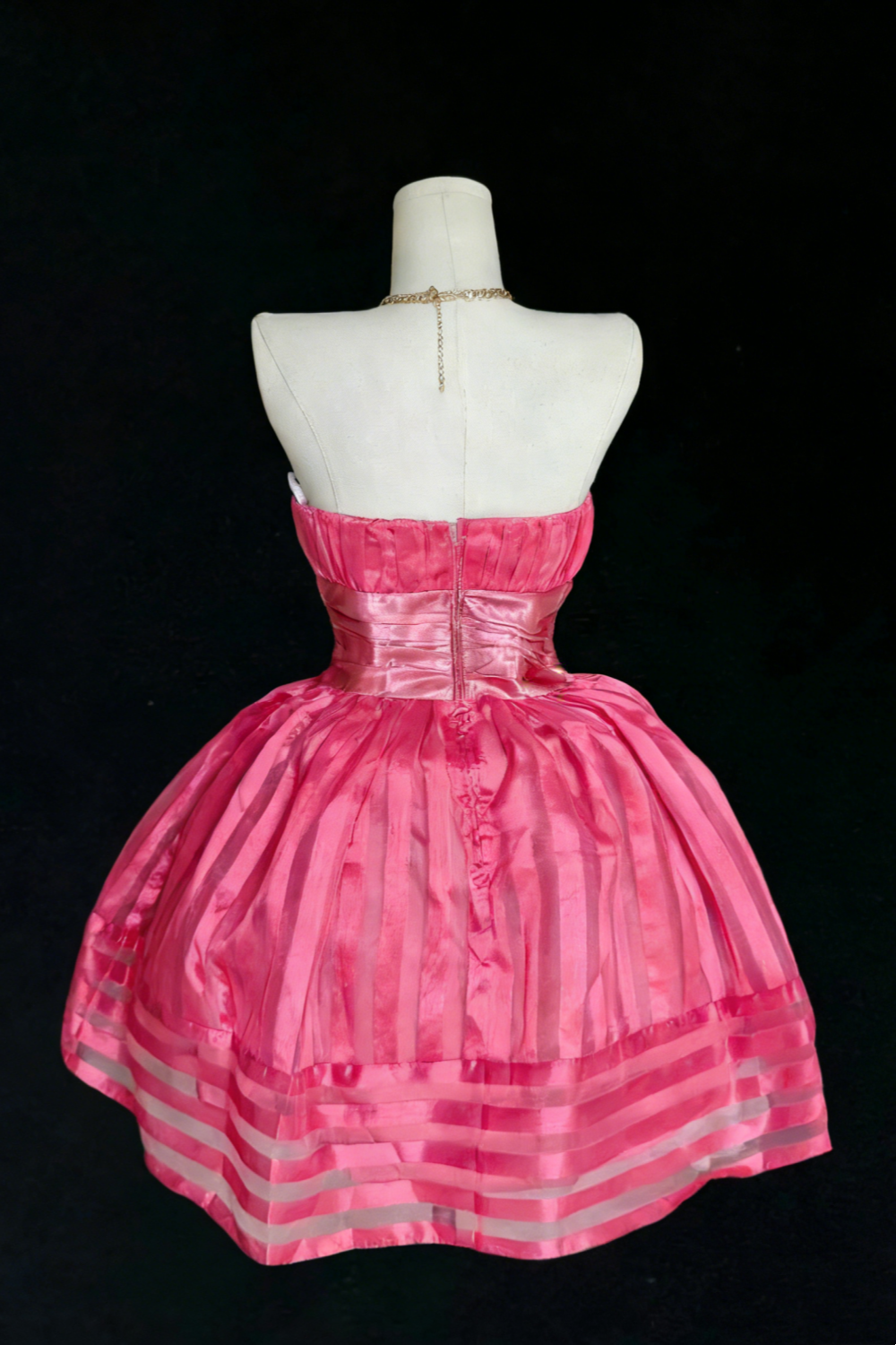 Stand Out! Hot Pink Satin Strapless Dress: Striped Flared Hem Built-In Spotlight NV6837