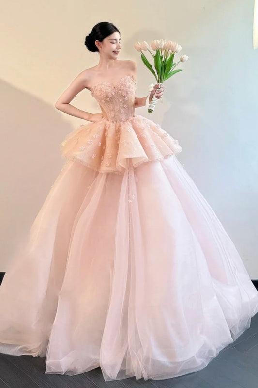 Pink shiny floral long chiffon ball dress princess dress NV6741