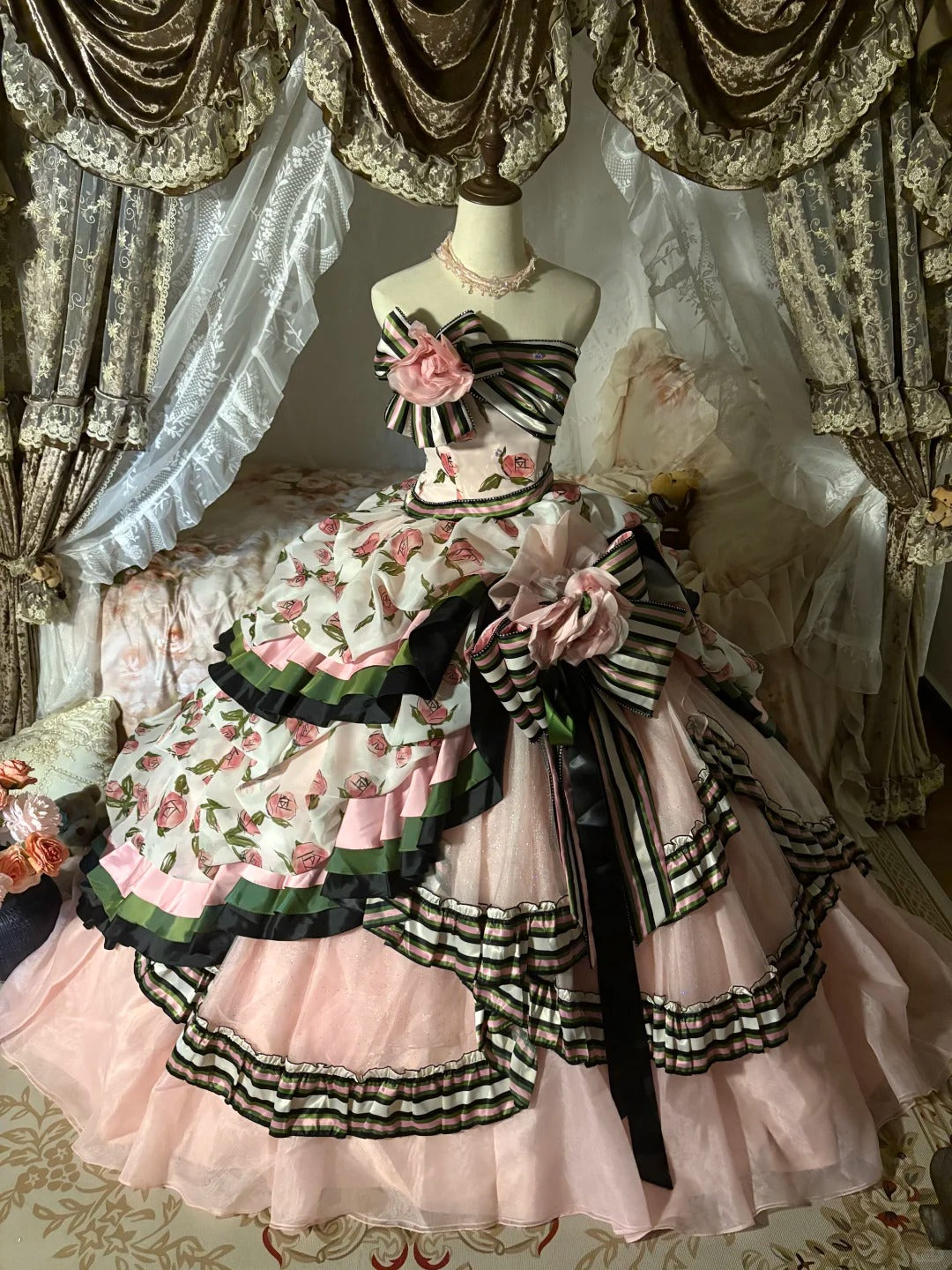 Rosa Blumen Prinzessin Tüll Bodenlanges Ballkleid nv5173