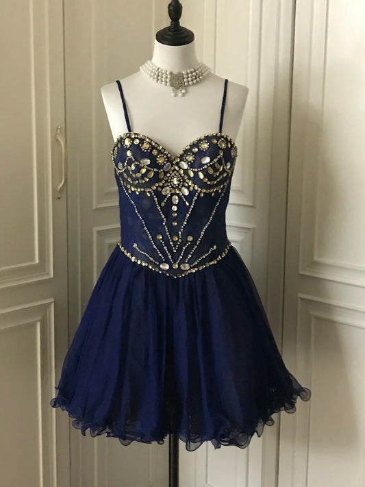 Marineblaues, perlenbesetztes, kurzes Tüll-Prinzessinnenkleid für den Heimkehrtag, Geburtstagspartykleid, nv4713