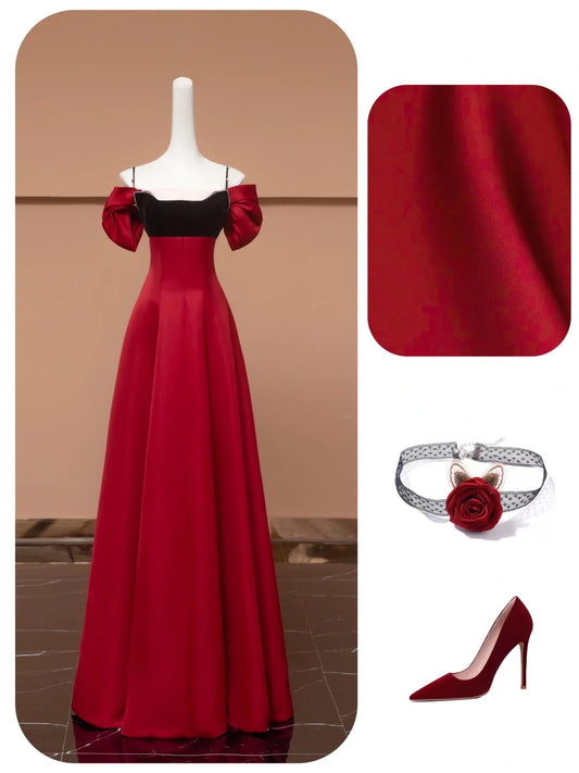 Red Black Spaghetti Straps Elegant Fashion Long Satin Prom Dress Evening Dress Party Dress nv4739